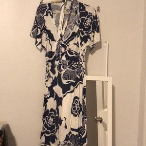 Blue and white cotton vee neck dress